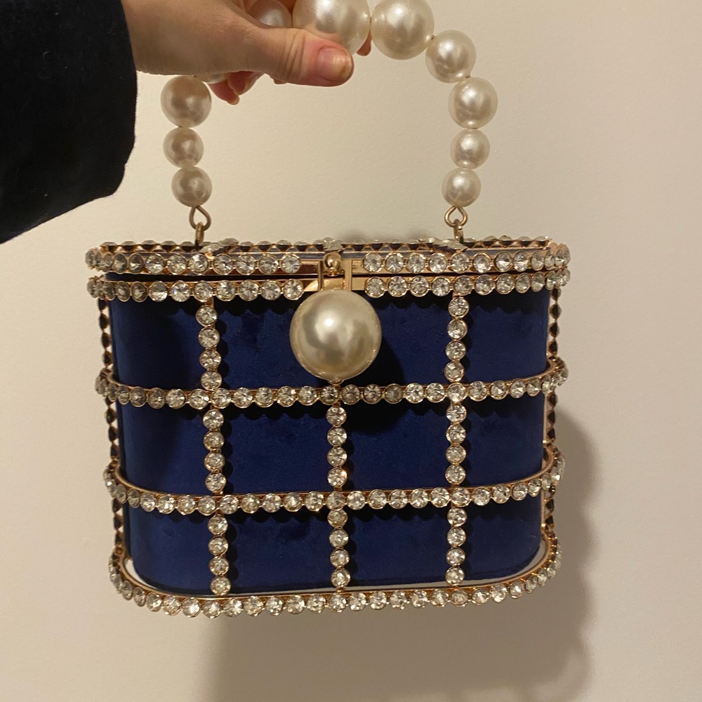 Navy and Gold Pearl evening bag & crossbody strap
